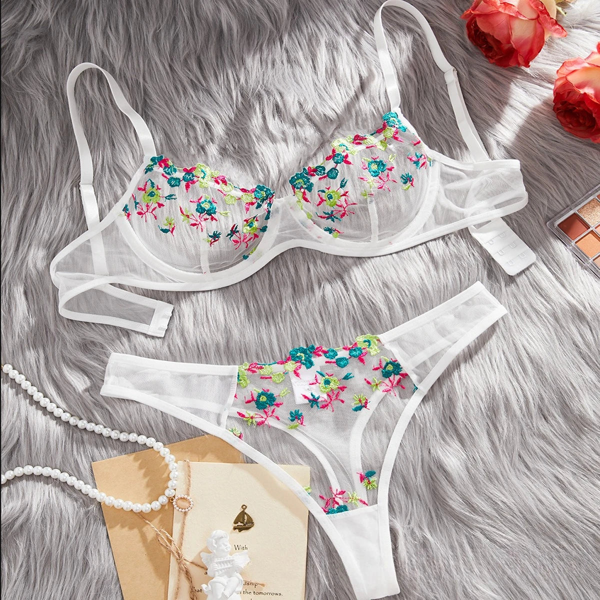 Night Beautiful Sexy Women 2 Piece floral Embroidery Underwear Sexy Erotic lingerie underwear Set