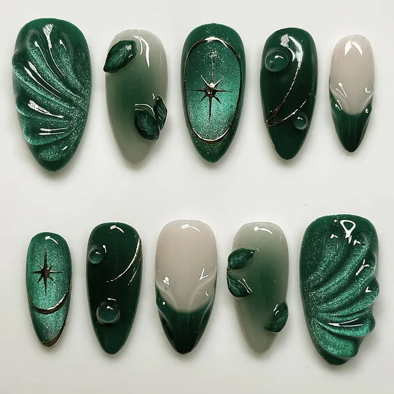 False Nails 3D Design Press on Nails Full Cover Red Heart Pearl Diamond Decoration Dark Style French Almond Wearable Nail Tips