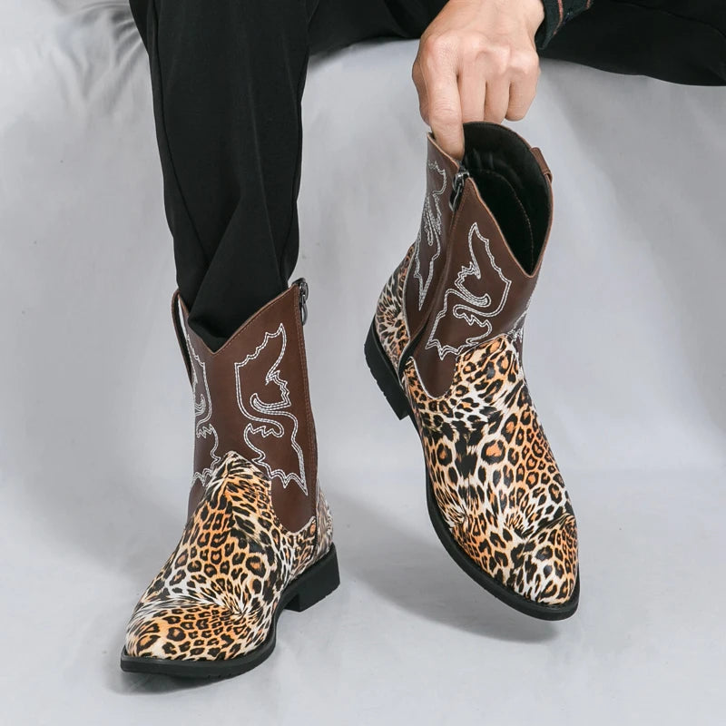Western Cowboy Boots Men's 2025 New Autum Retro Embroider Versatile Mid-Calf Boots Outdoor Desert Zipper Short Boots