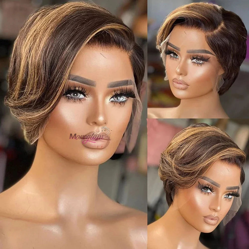 Ombre Human Hair Wigs For Women Bone Straight Bob Wig Remy T Part Transparent Lace Natural Preplucked Pixie Cut Perruque Femme