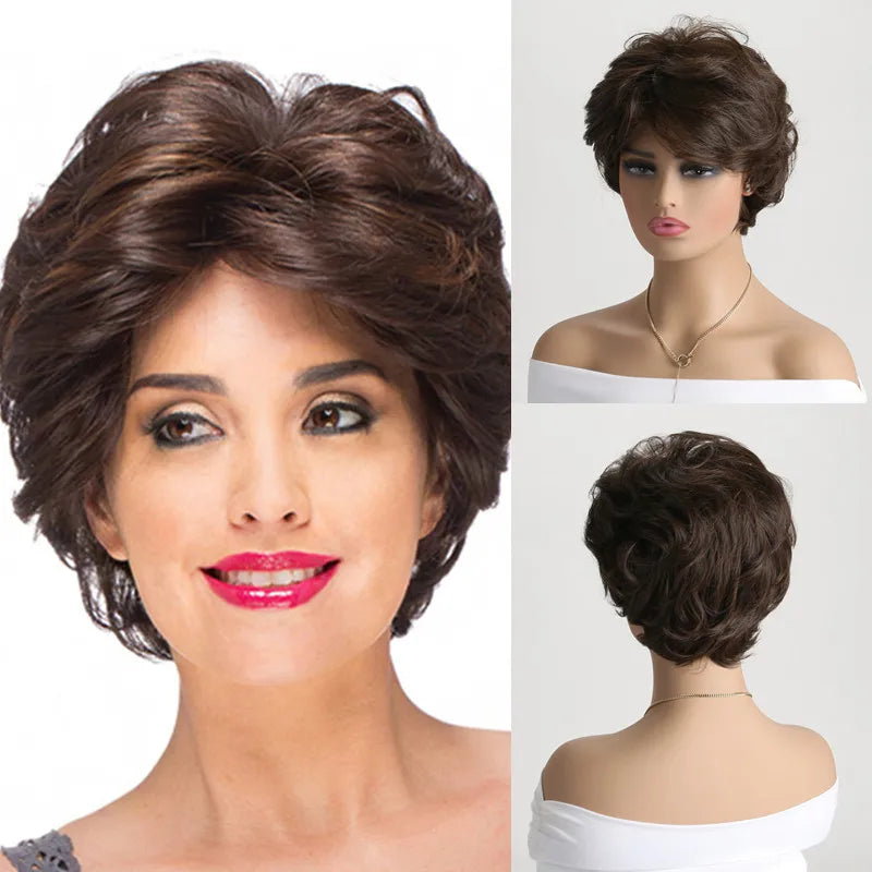 Natural Wavy Synthetic Hair Wigs For Women Pixie Cut Short Wig with Bangs Brown Blonde Wig Female Heat Resistant Wig Woman