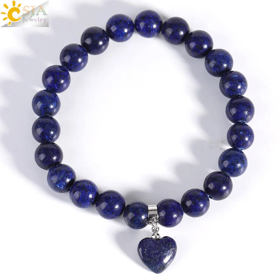 Natural Stone Beads Bracelet for Women Heart Charm Amethysts Crystal Quartzs Tiger Eye Elastic Bangles Reiki Jewelry Gift H543