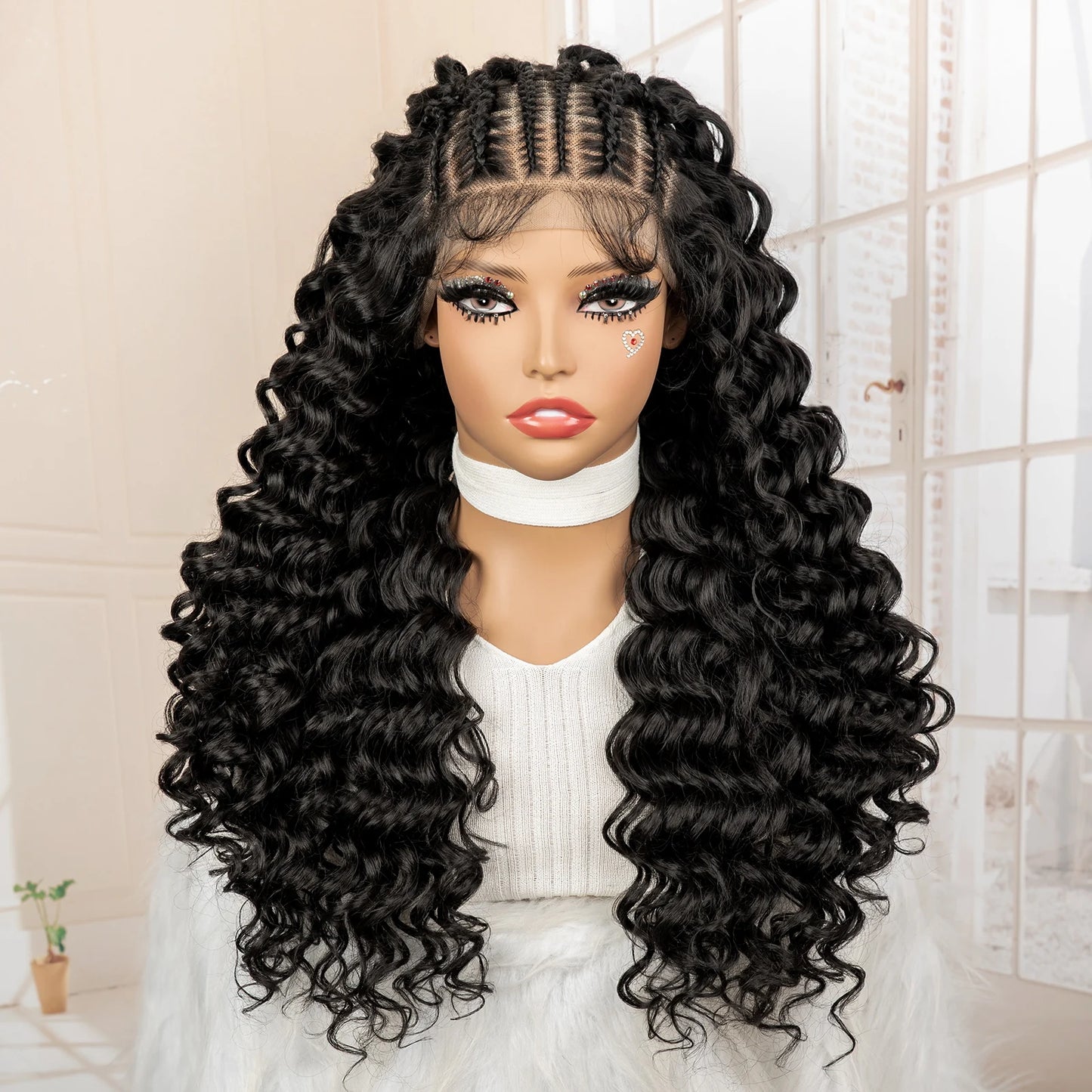 13x6 Lace Front Wigs Black Synthetic Hair Wig with Braids for Women 24 Inches Long Curly Wavy Wig Heat Resistant Wig for Daily