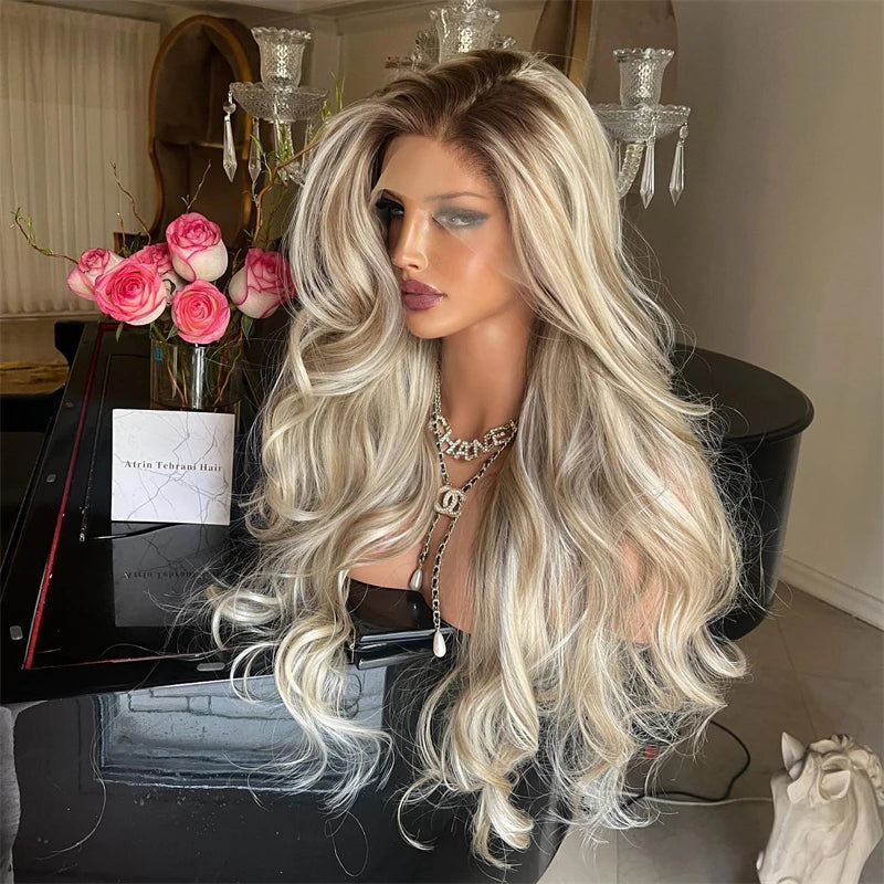 100% Premium Synthetic Fiber Glueless HD Lace Front Wig Ash Blonde Highlights Colored Wig Heat Resistant Preplucked Hairline
