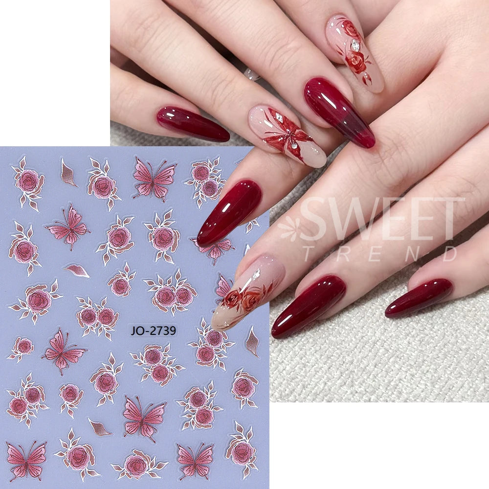 5pcs/set Butterfly Nail Stickers 3D Self-Adhesive Bow Rose Flower Sakura Nail Art Decoration Part Decals for Women Manicure DIY