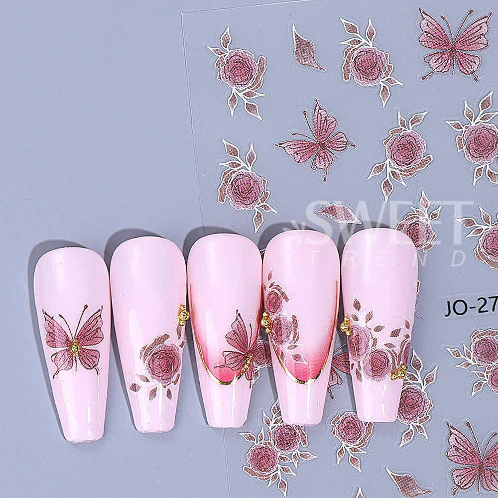 5pcs/set Butterfly Nail Stickers 3D Self-Adhesive Bow Rose Flower Sakura Nail Art Decoration Part Decals for Women Manicure DIY