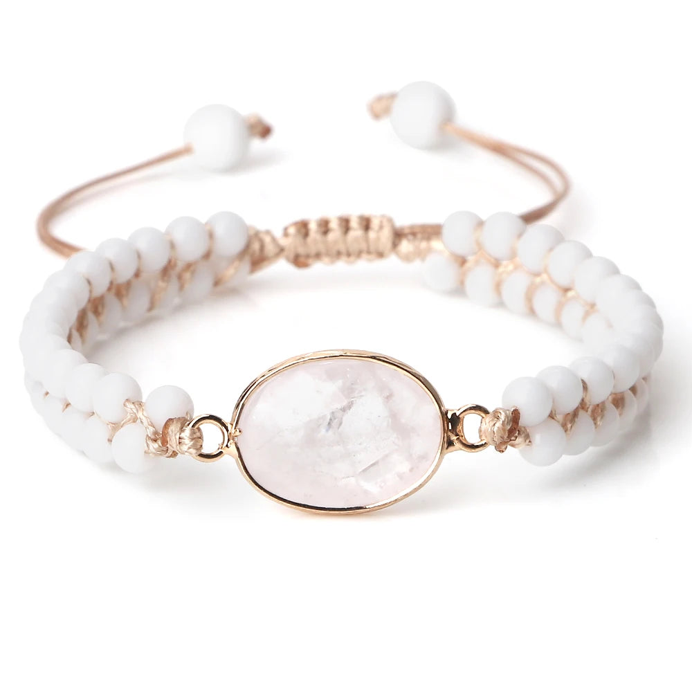 4mm Beads Natural Stone Bracelets&Bangles White Porcelain Braided Elastic Rope Handmade Adjustable For Woman Man Couple Jewelry