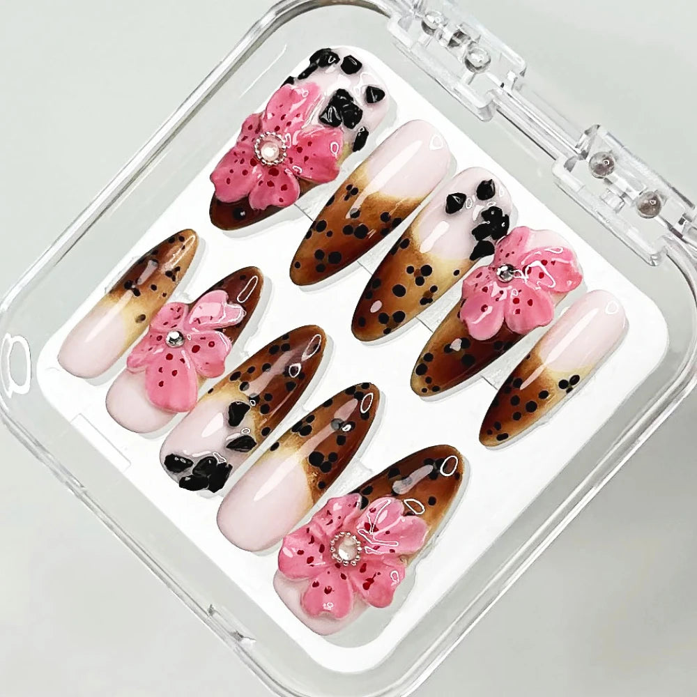 Press on Nails Medium Almond Pattern ABS Nails INS Y2K 3D Pink Flowers Style Design Nail 10Pcs Manicure Handmade Art with Set