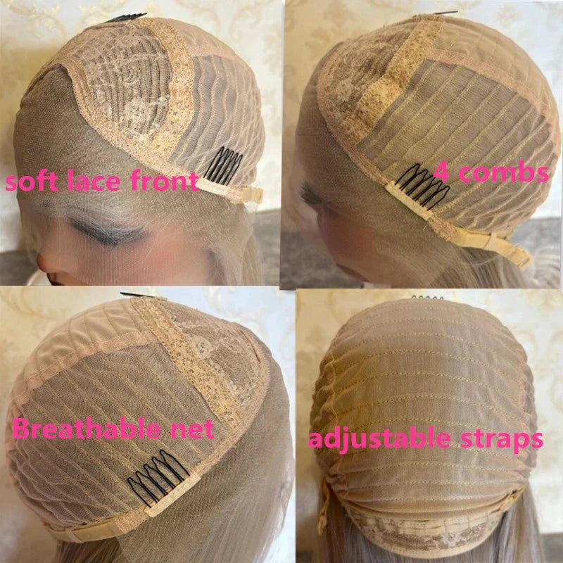 100% Premium Synthetic Fiber Glueless HD Lace Front Wig Ash Blonde Highlights Colored Wig Heat Resistant Preplucked Hairline