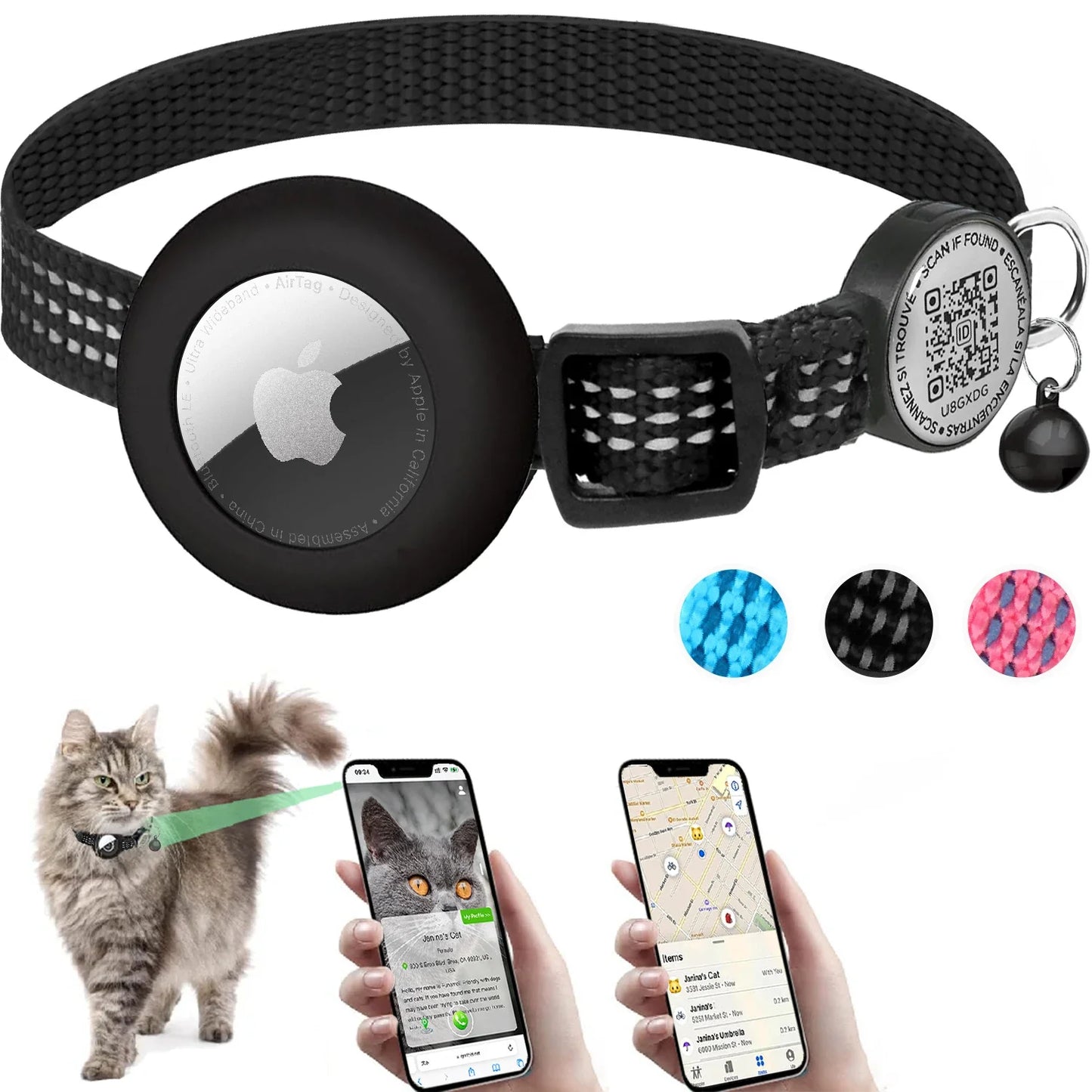 GPS Cat Collar with AirTag Holder & QR Name Tag for Tracker Cats, Anti-loss Reflective Kitten Collar Location Case for Air Tag