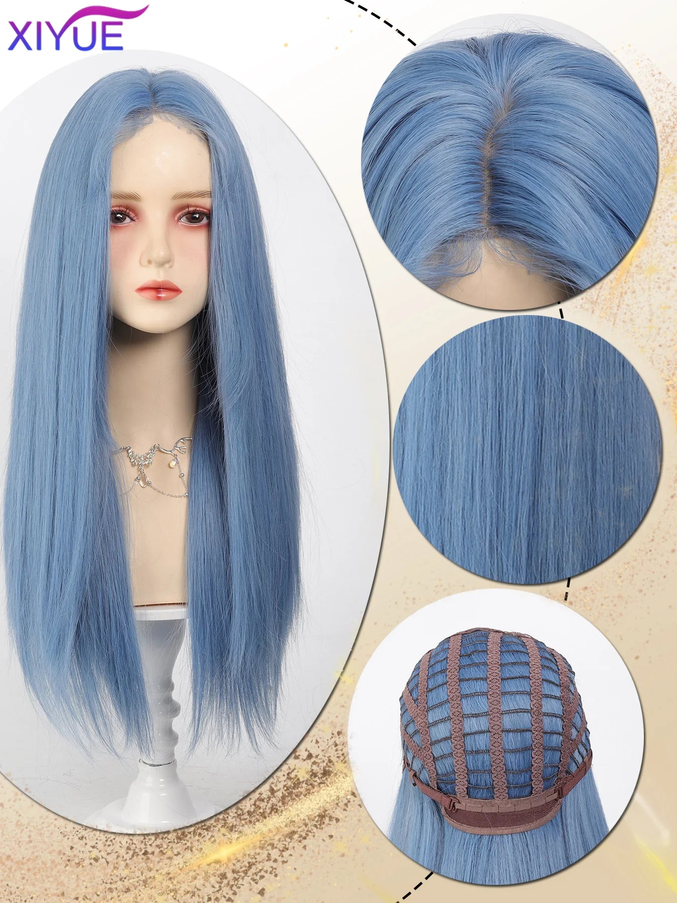 Lace Front Wig Long Straight Synthetic Wigs Light Blue with Ash Highlight Cosplay Wig with Women 、Natural Hair Heat Resistant