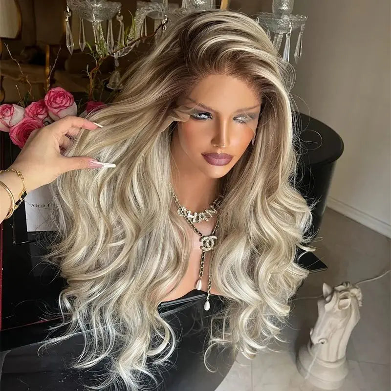 100% Premium Synthetic Fiber Glueless HD Lace Front Wig Ash Blonde Highlights Colored Wig Heat Resistant Preplucked Hairline