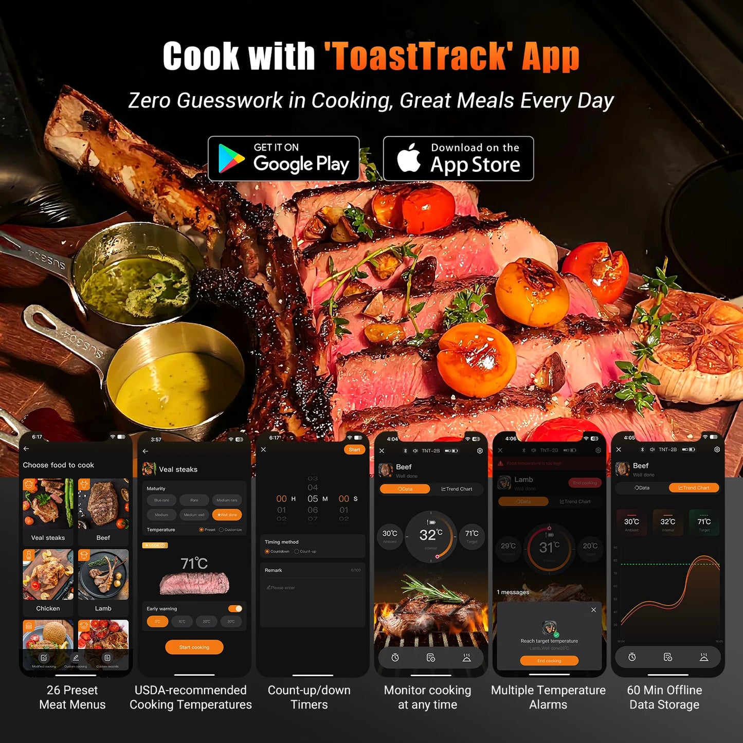 Meat thermometer wireless Bluetooth IP67 ultra thin probe with LCD display temperature alarms for cooking grilling roasting