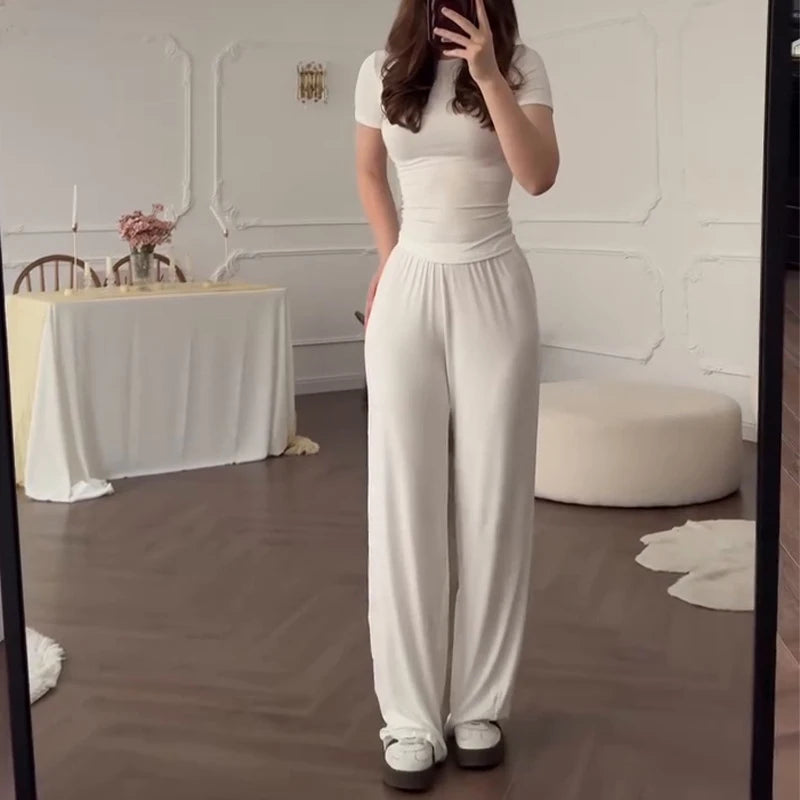 Casual Long Pants Suits Women O-neck Short Sleeve T-shirt Elastic Waist Trousers Set Spring Summer Solid Lady Household Clothes