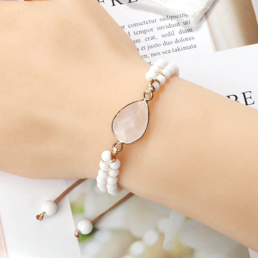 4mm Beads Natural Stone Bracelets&Bangles White Porcelain Braided Elastic Rope Handmade Adjustable For Woman Man Couple Jewelry