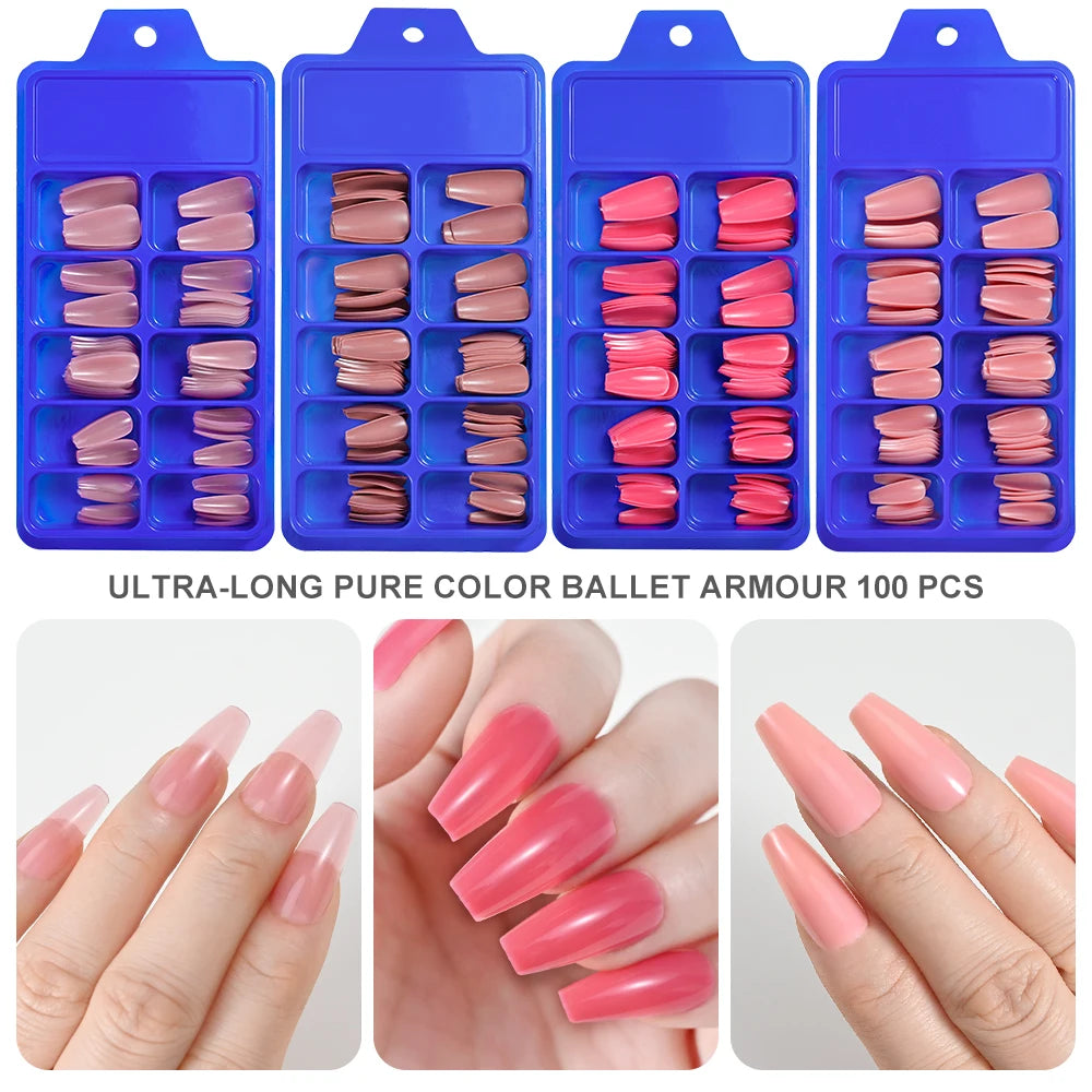 100pcs Coffin Design Fake Nails Art Tools Nude Pink Colors Ballerina False Nails Press On Full Fingernails Manicure Tips