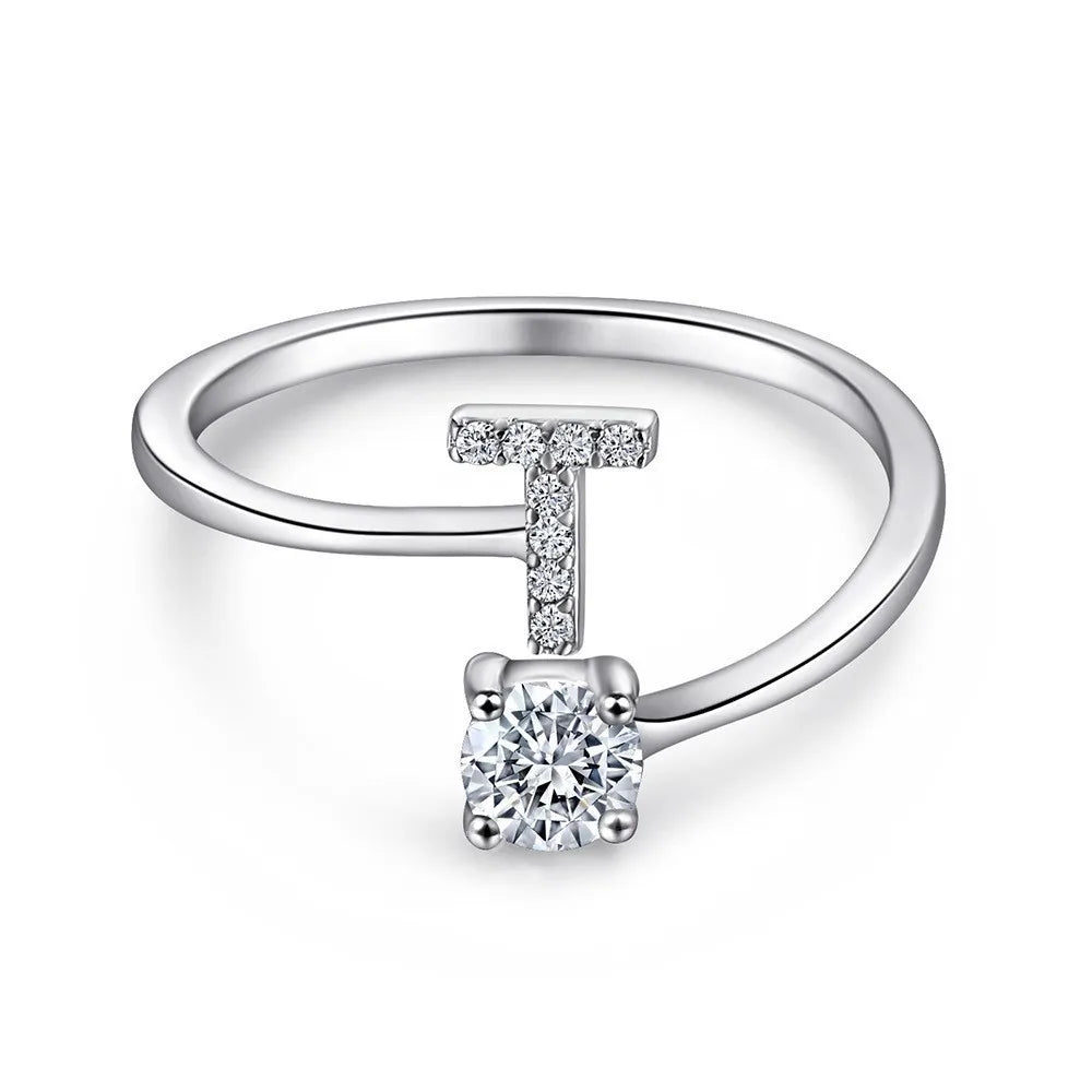 925 Sterling Silver Initial Rings for Women Girls, Adjustable Initial Rings Cubic Zirconia Stackable Alphabet Letter Rings Gift