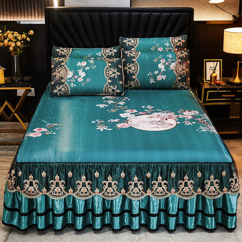 Luxury Lace Smooth Cool Summer Bedspread Thick Home Bed Skirt + Pillowcase Bed Sheets Embroidery European-style Bed Spreads