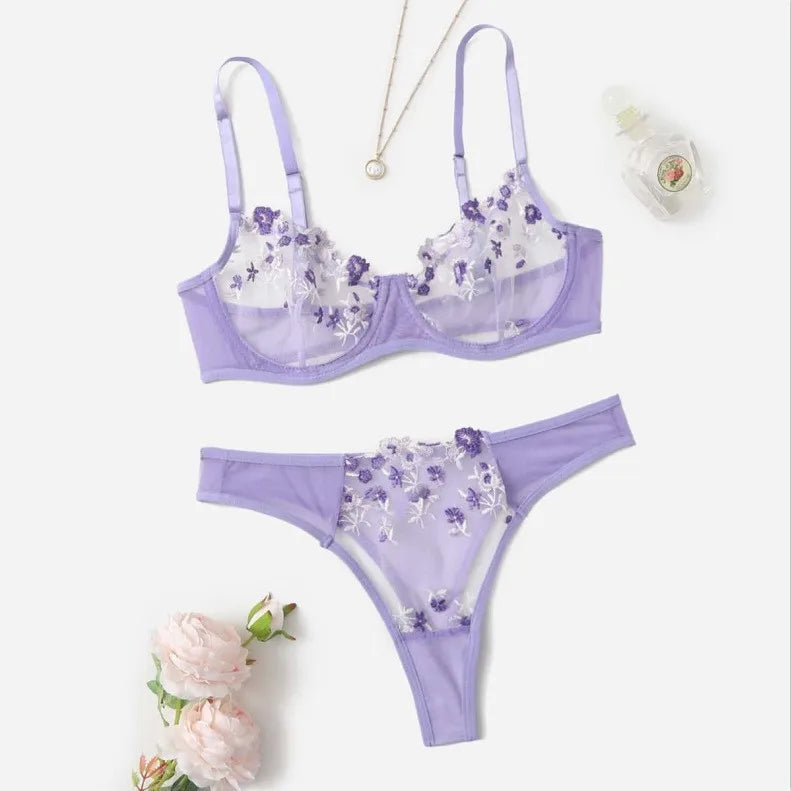 Night Beautiful Sexy Women 2 Piece floral Embroidery Underwear Sexy Erotic lingerie underwear Set