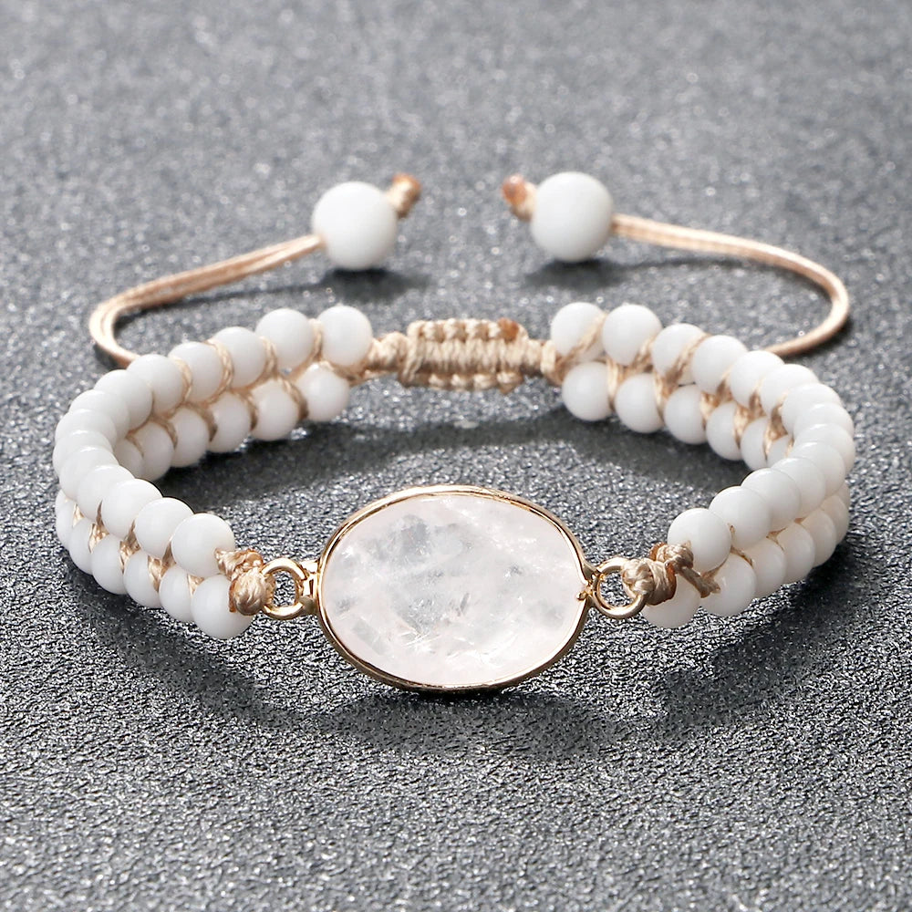 4mm Beads Natural Stone Bracelets&Bangles White Porcelain Braided Elastic Rope Handmade Adjustable For Woman Man Couple Jewelry