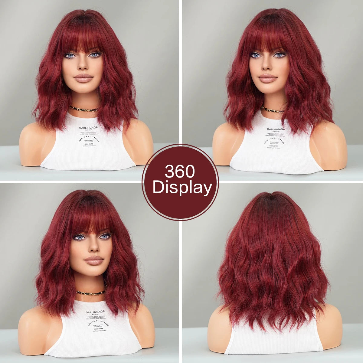 Shoulder Length Body Wavy Wine Red Wig for Women Daily High Density Synthetic Modest Fashion Wigs with Neat Bangs Heat Resistant