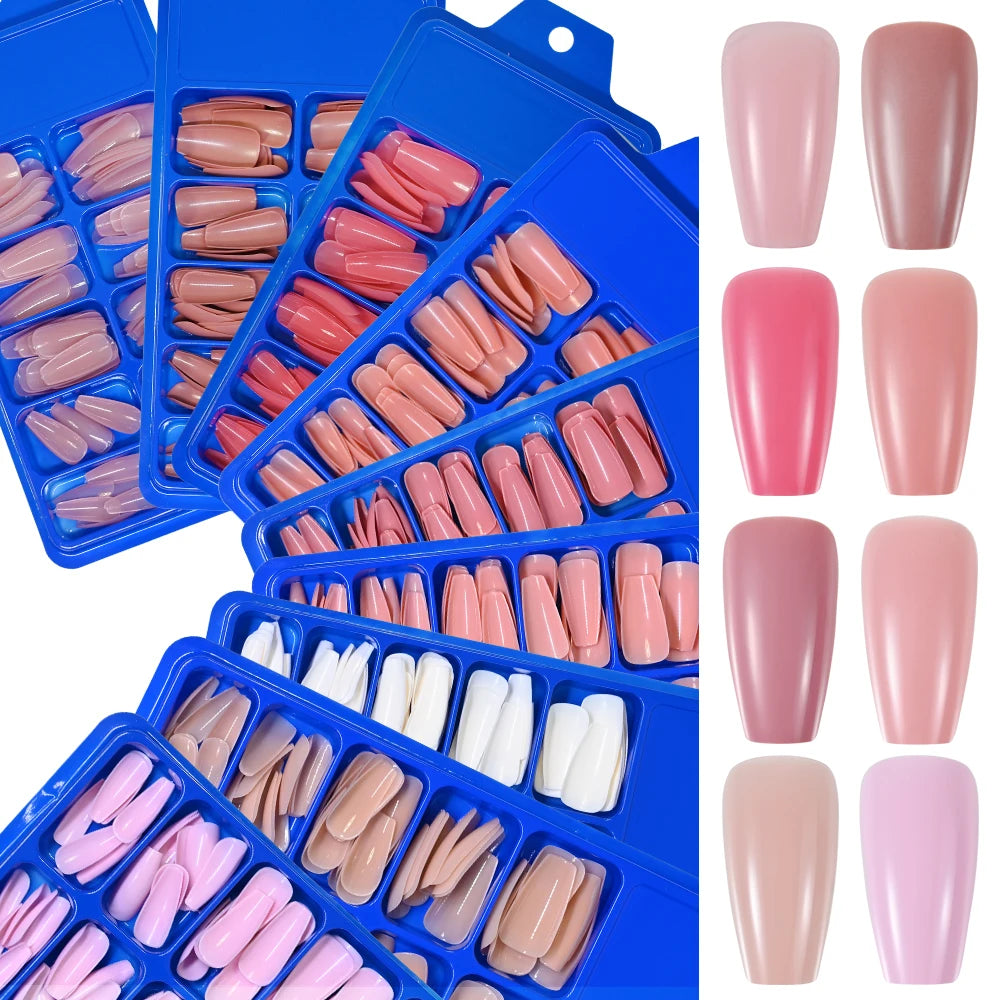 100pcs Coffin Design Fake Nails Art Tools Nude Pink Colors Ballerina False Nails Press On Full Fingernails Manicure Tips