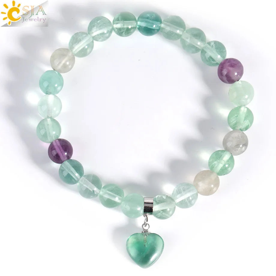 Natural Stone Beads Bracelet for Women Heart Charm Amethysts Crystal Quartzs Tiger Eye Elastic Bangles Reiki Jewelry Gift H543