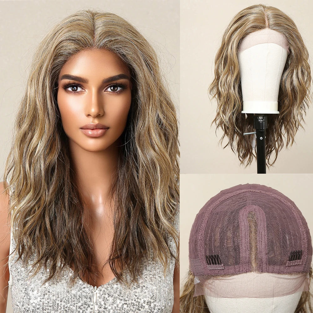 Lace Front Synthetic Wigs Preplucked Curly Wave Brown Golden Highlight Shoulder Length Lace Wig for Black Women Heat Resistant
