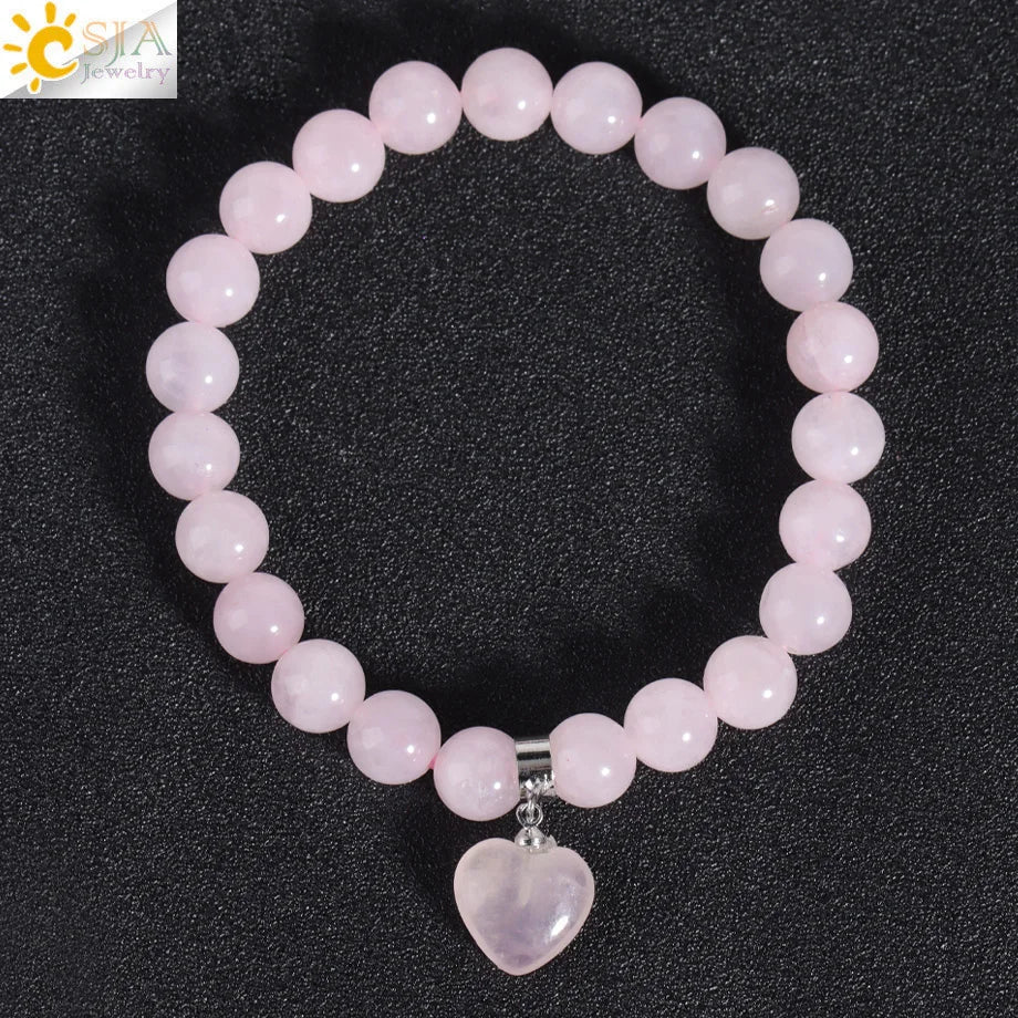 Natural Stone Beads Bracelet for Women Heart Charm Amethysts Crystal Quartzs Tiger Eye Elastic Bangles Reiki Jewelry Gift H543