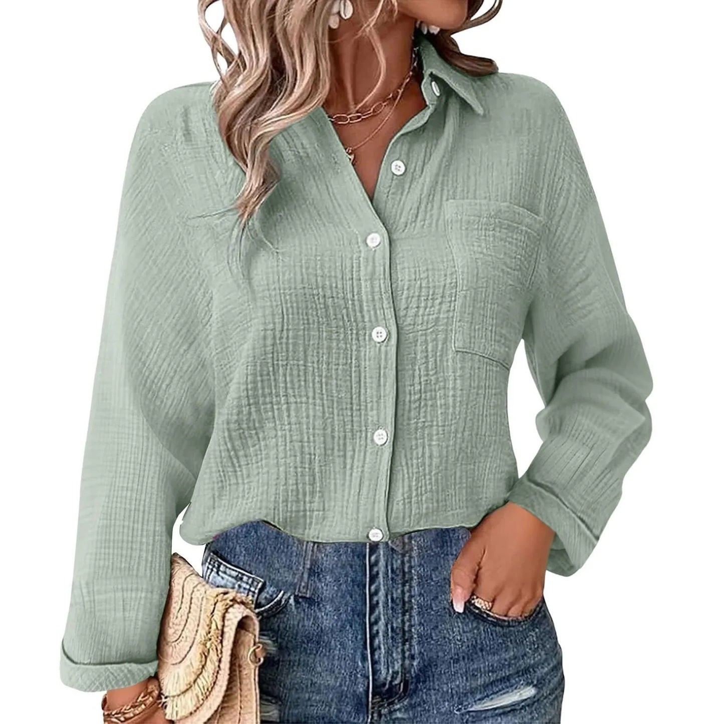 Casual Fashion Shirts For Women Autumn Long Sleeve Lapel Button Solid Color Shirt Top Casual Loose Women's Blouse