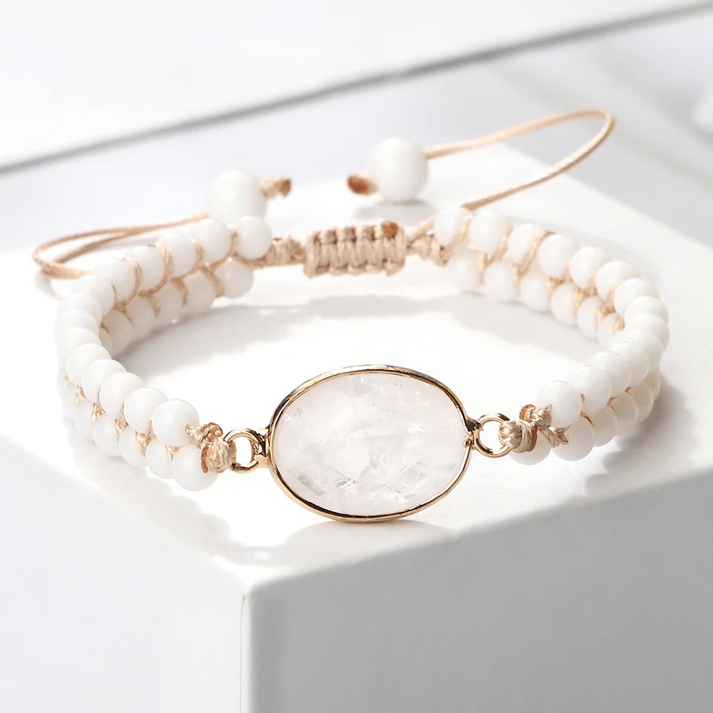 4mm Beads Natural Stone Bracelets&Bangles White Porcelain Braided Elastic Rope Handmade Adjustable For Woman Man Couple Jewelry