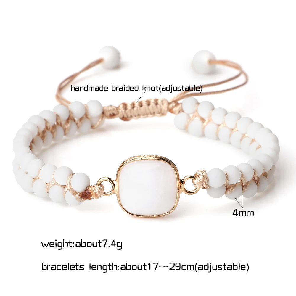 4mm Beads Natural Stone Bracelets&Bangles White Porcelain Braided Elastic Rope Handmade Adjustable For Woman Man Couple Jewelry