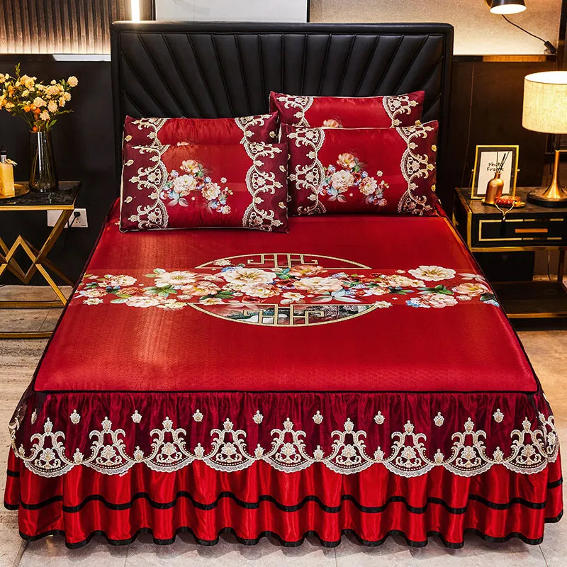 Luxury Lace Smooth Cool Summer Bedspread Thick Home Bed Skirt + Pillowcase Bed Sheets Embroidery European-style Bed Spreads