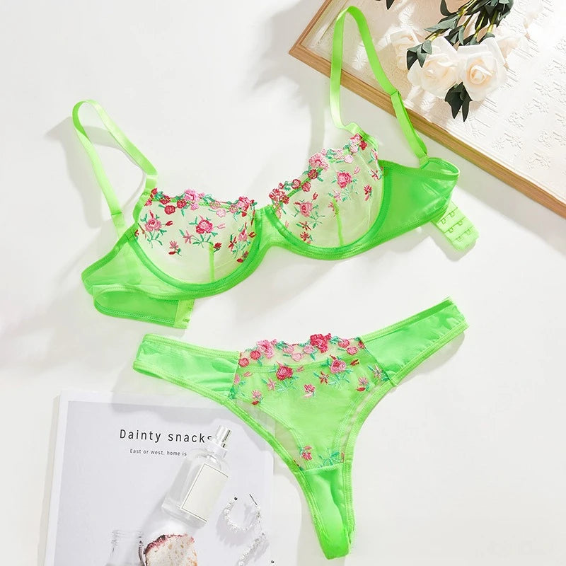 Night Beautiful Sexy Women 2 Piece floral Embroidery Underwear Sexy Erotic lingerie underwear Set