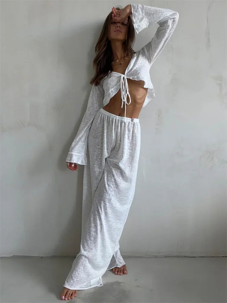Casual Fashion 2 Piece-Set Trousers For Women V-Neck Lace-Up Long Sleeve Top And High Waist Women's Pants Outfits Female
