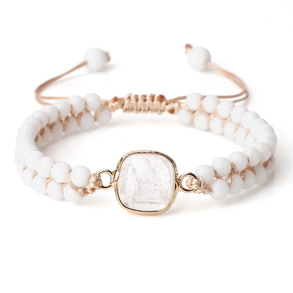 4mm Beads Natural Stone Bracelets&Bangles White Porcelain Braided Elastic Rope Handmade Adjustable For Woman Man Couple Jewelry