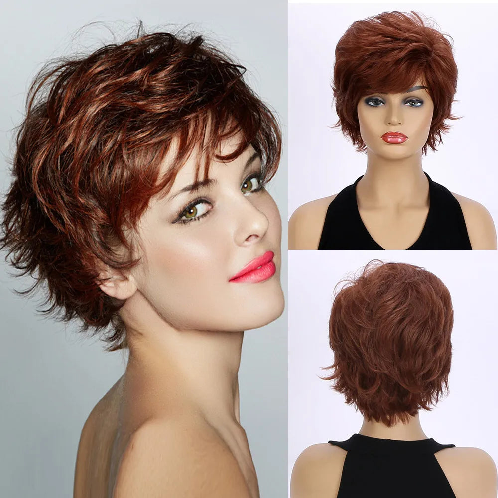 Natural Wavy Synthetic Hair Wigs For Women Pixie Cut Short Wig with Bangs Brown Blonde Wig Female Heat Resistant Wig Woman