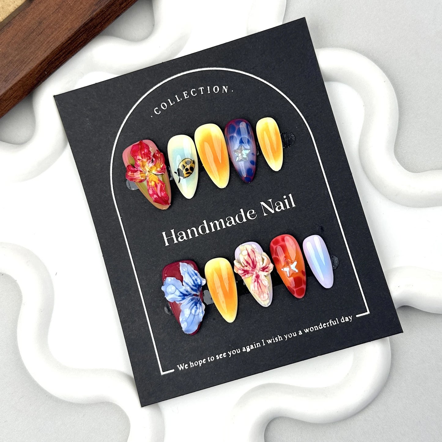 Handmade Press On Nails Full Cover Carved Petals Design False Nails Wearable Ins Fashion Colorful Almond Fake Nail Tips