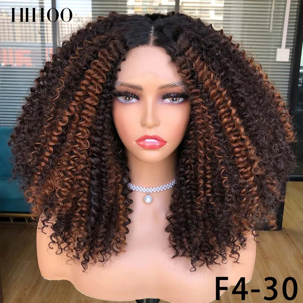 Lace Front Wigs for Women Short Bob Wig Afro Kinky Curly Wigs Ombre Brown Synthetic Middle Nature Hair Black Headgear with Clip
