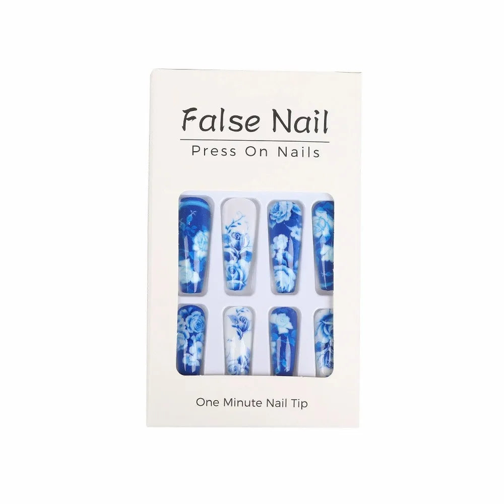 24pcs Blue and White Porcelain False Nails with Designs Long Press On Nails Blue French Fake Nails Fashion Ballet Tip Wearable