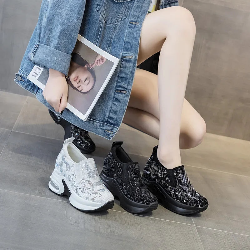 2023Women's Shoes Autumn New Casual Small White Shoes Rhinestone Platform Sports Air Cushion Shoes Plus Size Zapatos De Mujer