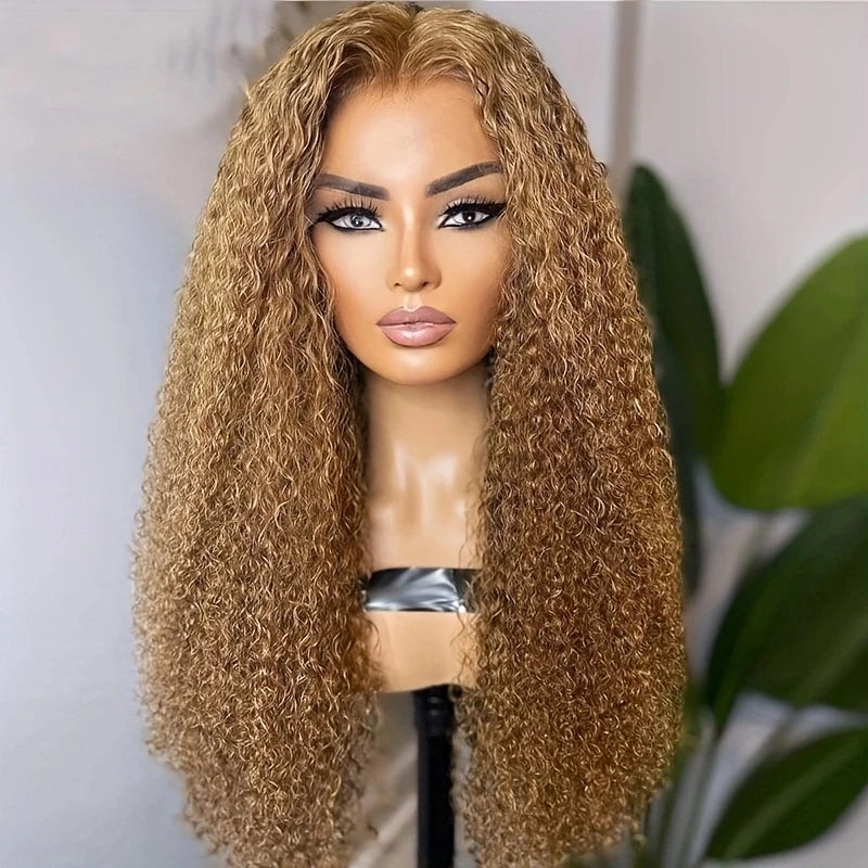 26Inch Long 180 Density Soft Honey Blonde Kinky Curly Lace Front Wigs For Women With Baby Hair Synthetic Fiber Deep Part Daily