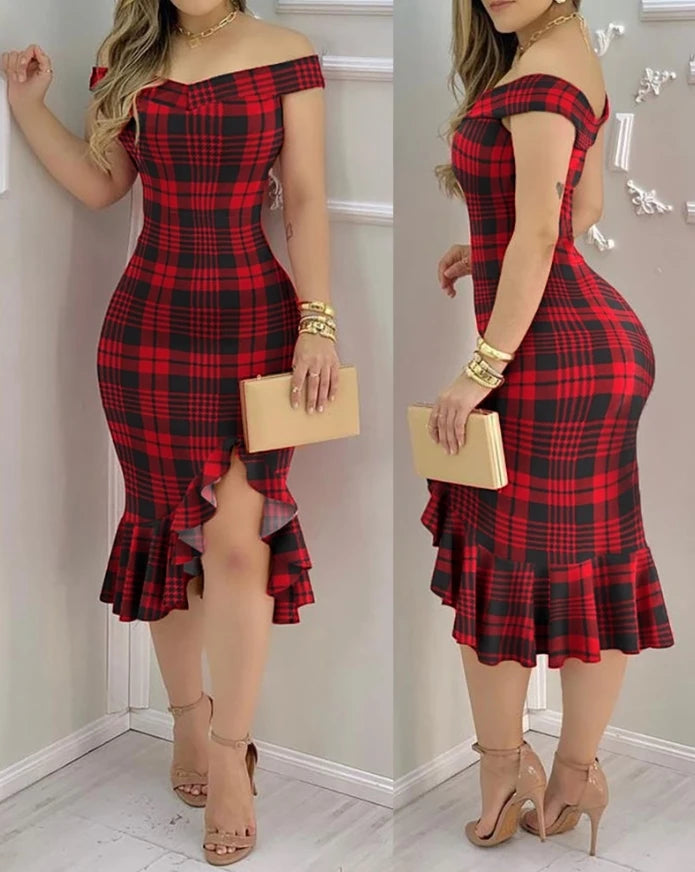 Casual Women's Dresses 2025 Spring Geometric Color Block Printed Ruffle Hem Off Shoulder Short Sleeved Casual Daily Midi Dress