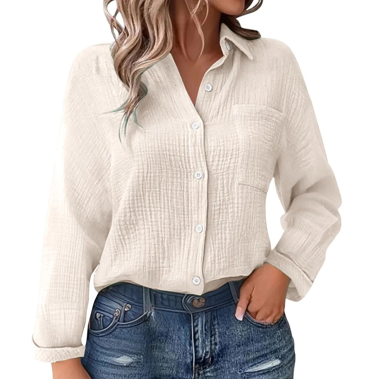 Casual Fashion Shirts For Women Autumn Long Sleeve Lapel Button Solid Color Shirt Top Casual Loose Women's Blouse