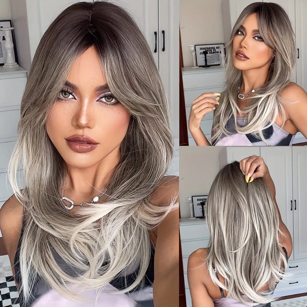 Ombre Color Blonde Wig with Bangs Long Straight Wigs for Women Synthetic Wig Dark Roots for Daily Party Cosplay
