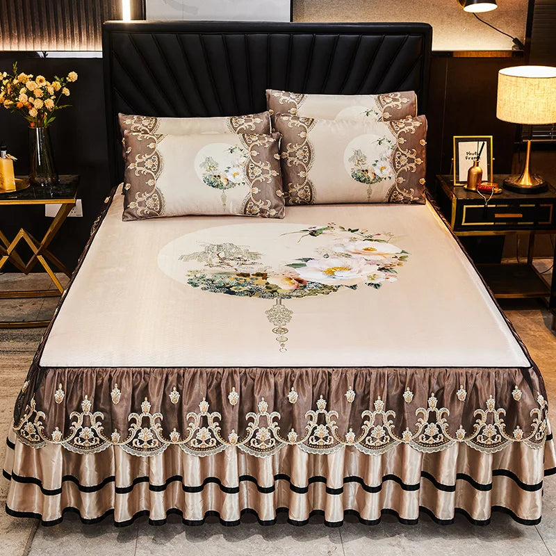 Luxury Lace Smooth Cool Summer Bedspread Thick Home Bed Skirt + Pillowcase Bed Sheets Embroidery European-style Bed Spreads