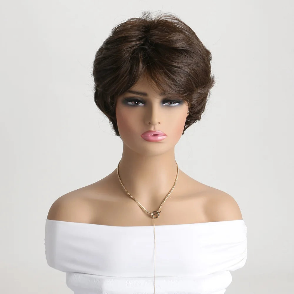 Natural Wavy Synthetic Hair Wigs For Women Pixie Cut Short Wig with Bangs Brown Blonde Wig Female Heat Resistant Wig Woman