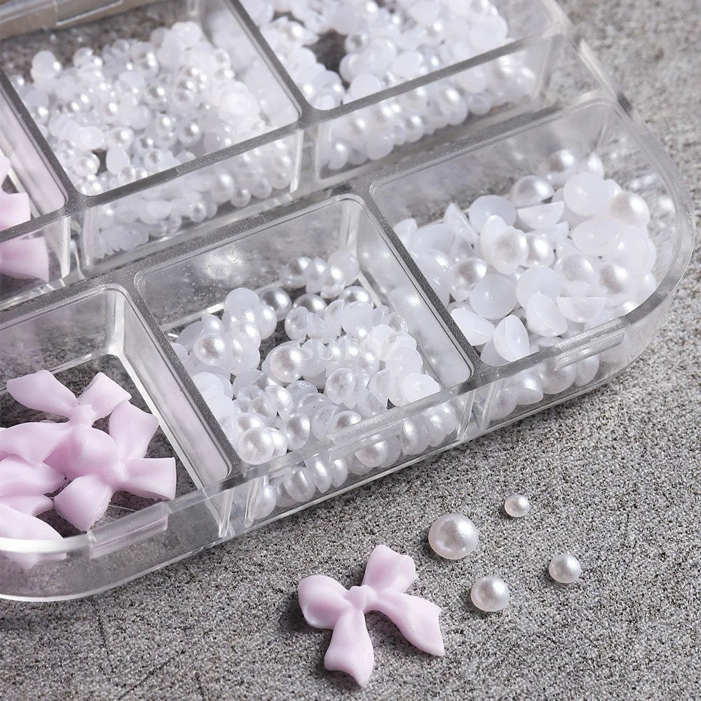 1 Box Kawaii Mini Bow 3D Cute Nail Art Decorations White Pearls Nails Charms Designs DIY Pink Bowknot Resin Nail Accessories