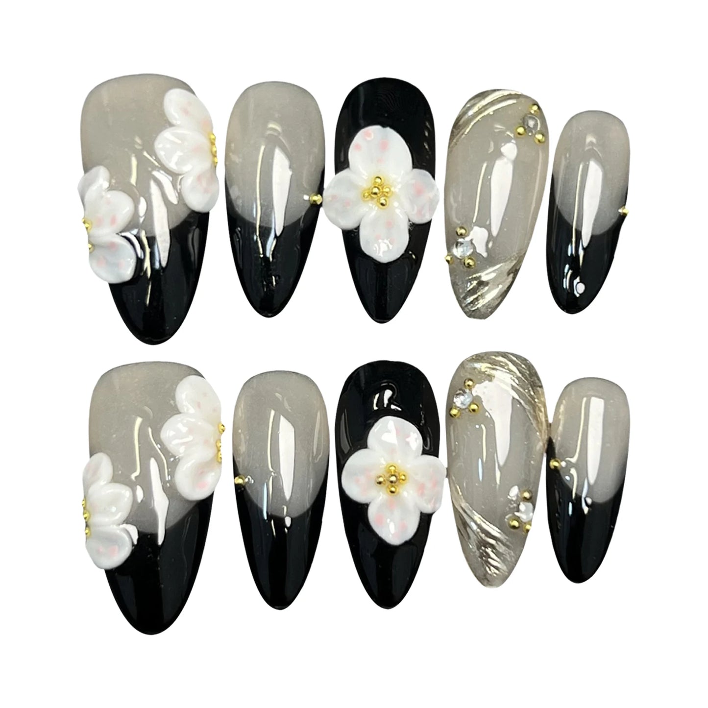 10Pcs Handmade Press On Nails Simple DIY Manicure Almond Black French Tips Fake Nails 3D White Flower Designs False Nails Art