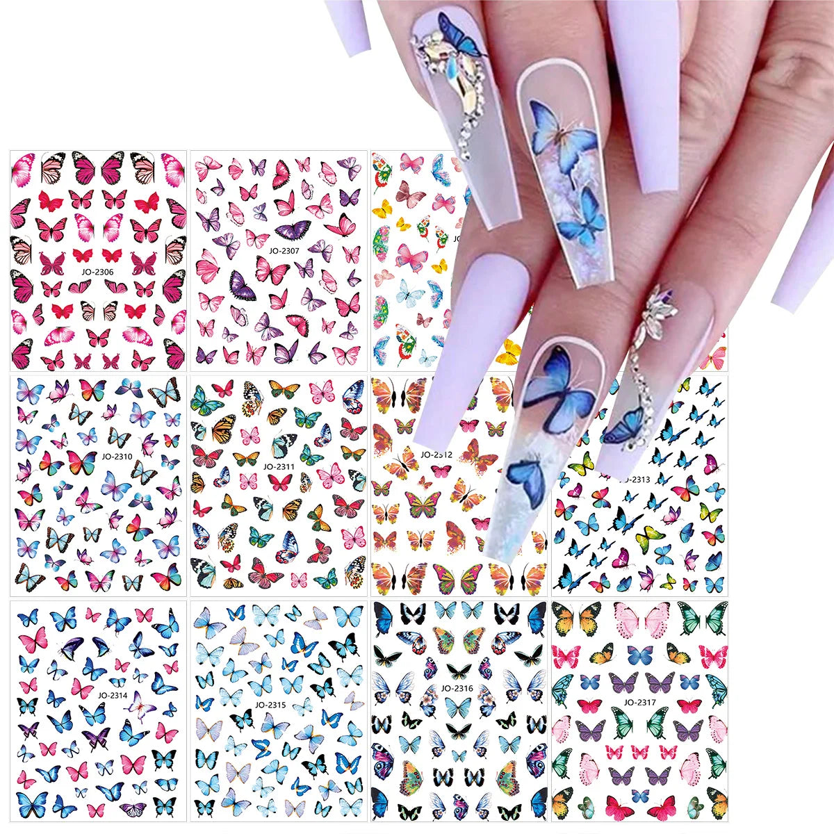 3 Sheets Colorful Butterfly Nail Art Stickers 3D Self-Adhesive Butterfly Nail Decals DIY Manicure Summer Nail Art Decoration
